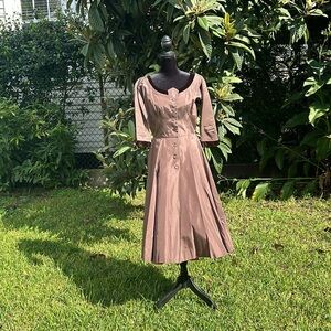 50s 60s Art Deco Brown Party Dress S/M